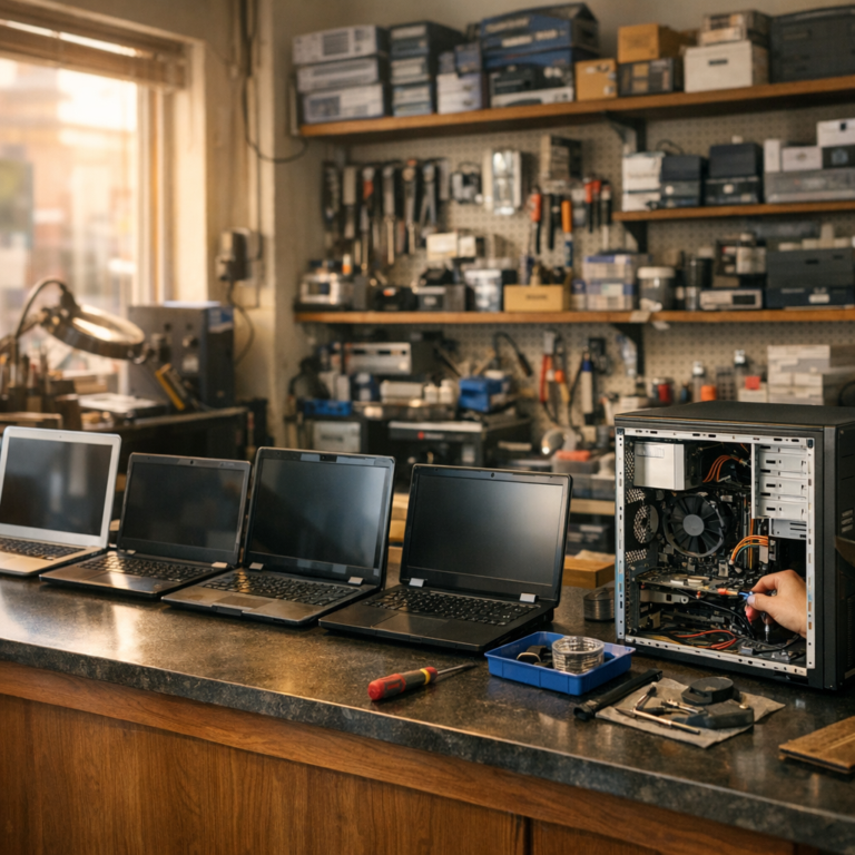 Computer repair store counter with laptops queued for service
