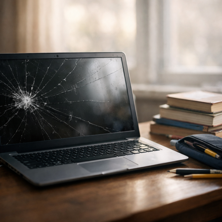 Student laptop with cracked screen next to textbooks before the school year