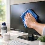 Wiping a computer monitor with a microfiber cloth beside compressed air