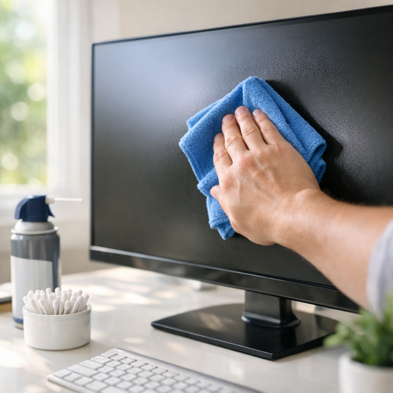 Wiping a computer monitor with a microfiber cloth beside compressed air