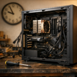 Half-assembled PC build on a bench with a clock in the background