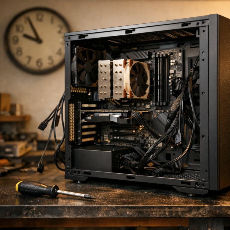 Half-assembled PC build on a bench with a clock in the background