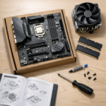 Motherboard on its box with CPU, RAM and cooler laid out ready for a build