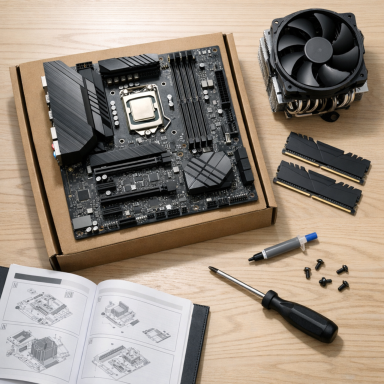 Motherboard on its box with CPU, RAM and cooler laid out ready for a build