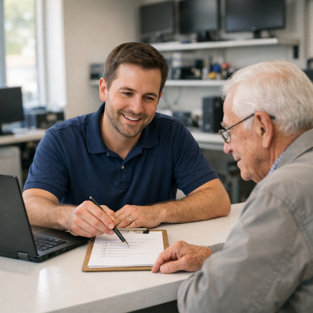 A technician reviews a laptop checklist with a customer at the Dave's Computers counter.