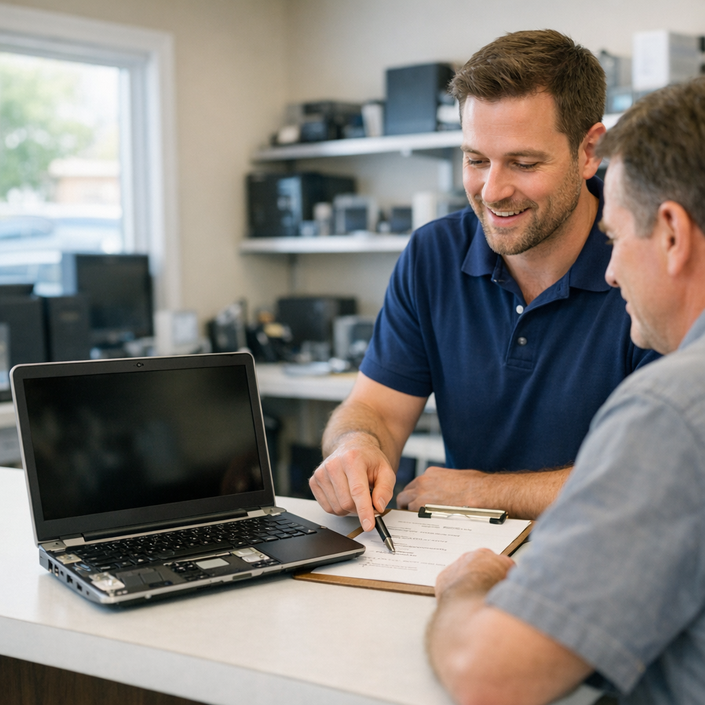 A technician goes over a checklist of findings with a customer at the Dave's Computers counter.