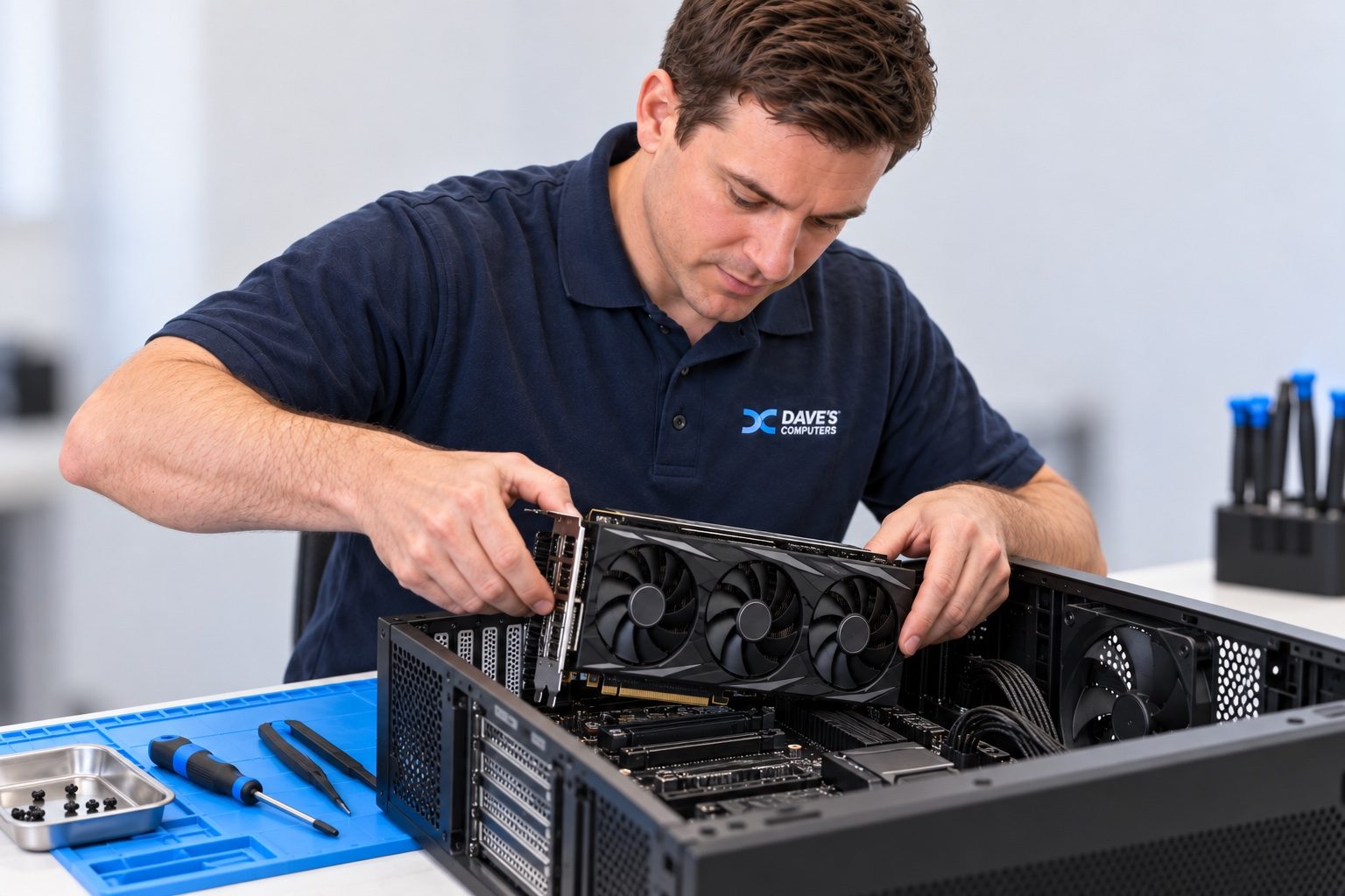 Dave's Computers technician installing a graphics card in a desktop PC at the repair bench
