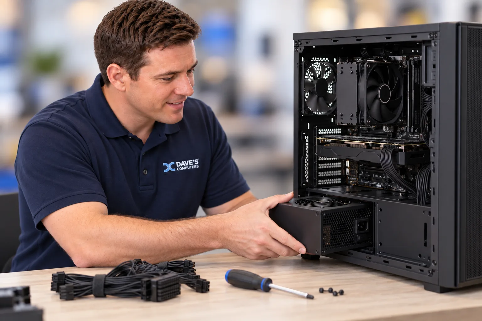 Dave's Computers technician installing a power supply in a custom gaming PC build at the Somerville NJ shop