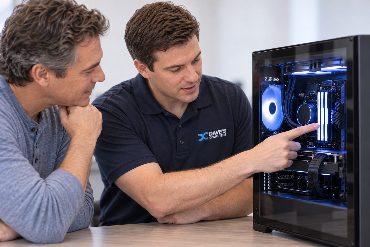 Dave's Computers technician walking a customer through the parts inside a custom desktop PC build