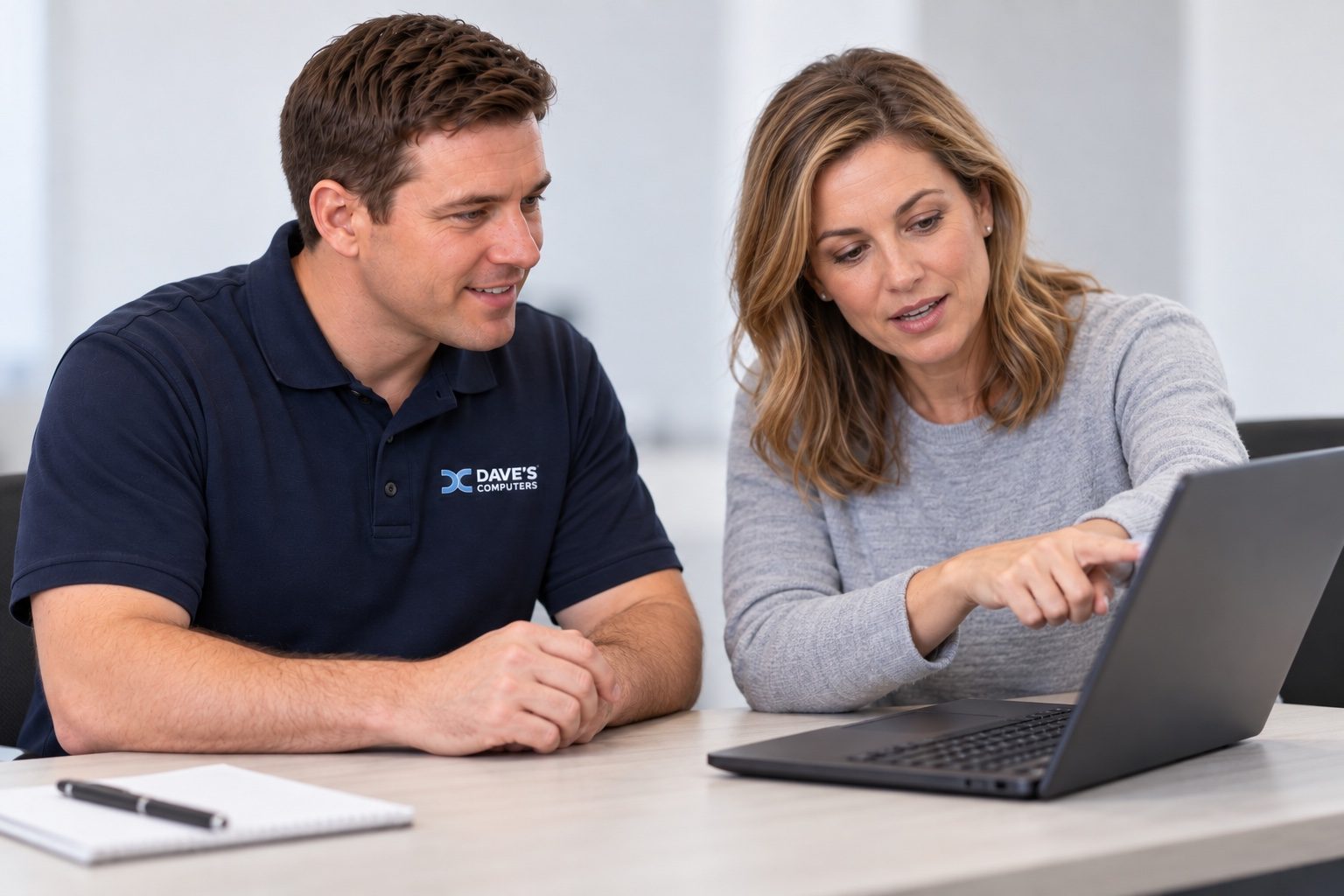 Dave's Computers technician reviewing a laptop with a customer at the Somerville counter