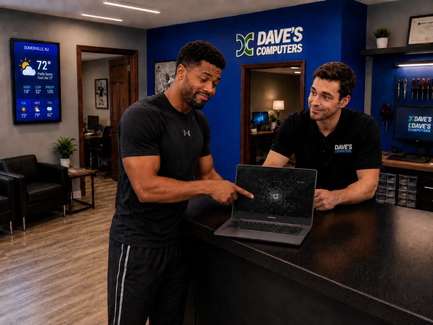Dave's Computers technicians reviewing a cracked laptop screen in Somerville NJ