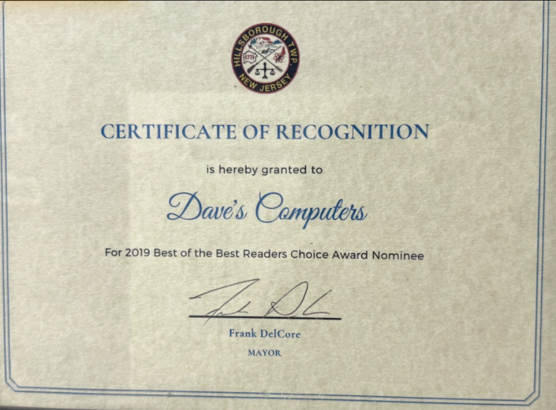 Dave's Computers local recognition certificate