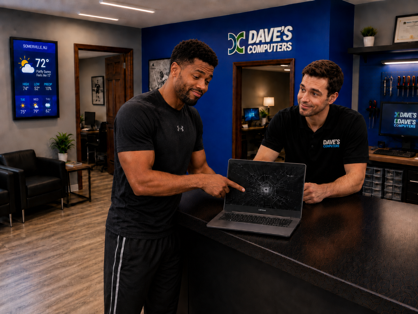 Dave's Computers technicians reviewing a cracked laptop screen in Somerville NJ